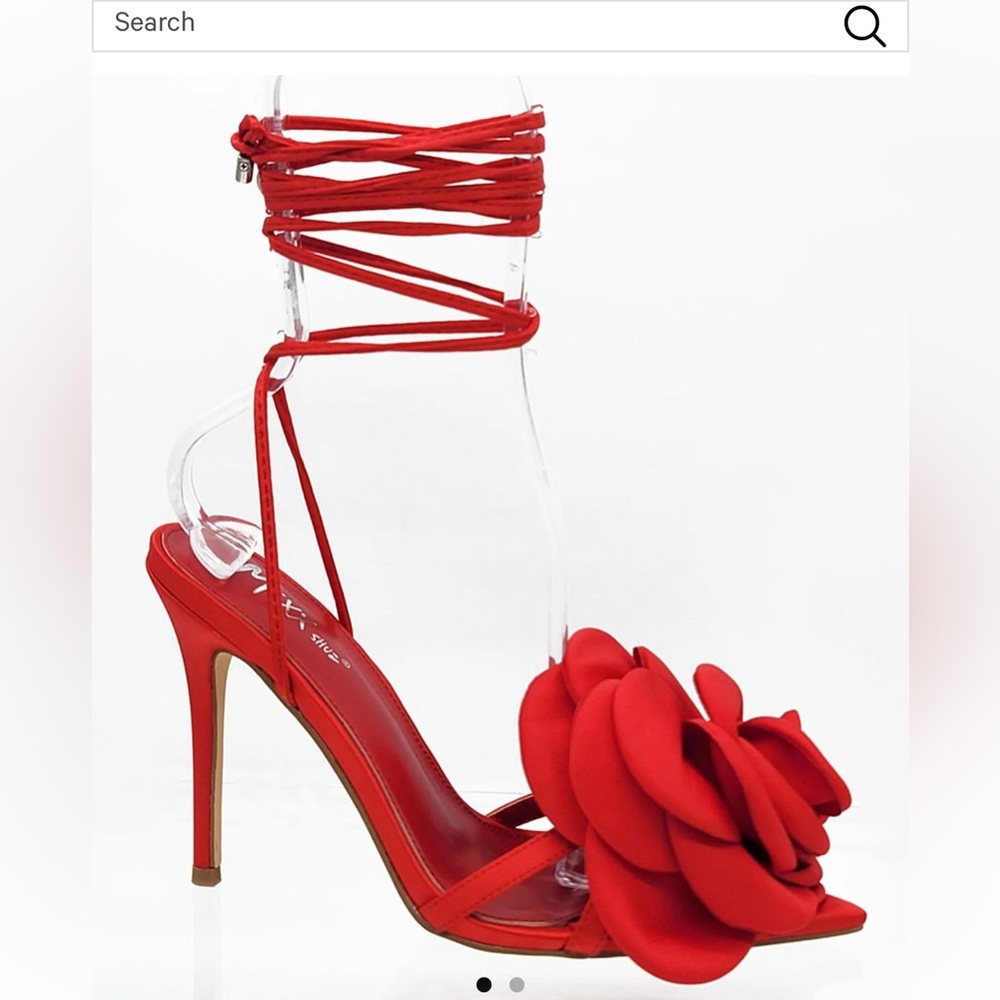 Unique Vintage Mixx Red Strappy Wrap Heels with Floral Accent Adalynn
